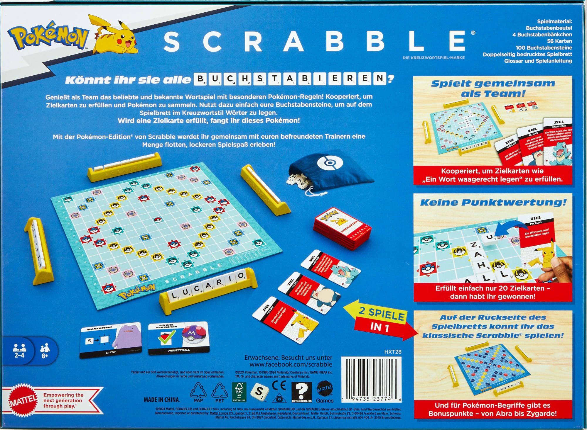 Mattel Games Scrabble Pokémon-Brettspiel, Familienwortspiel mit Zwei Spielmöglichkeiten, enthält 50 Herausforderungskarten mit Pokémon-Charakteren für 24 Spieler, Deutsche Version, HXT28 6