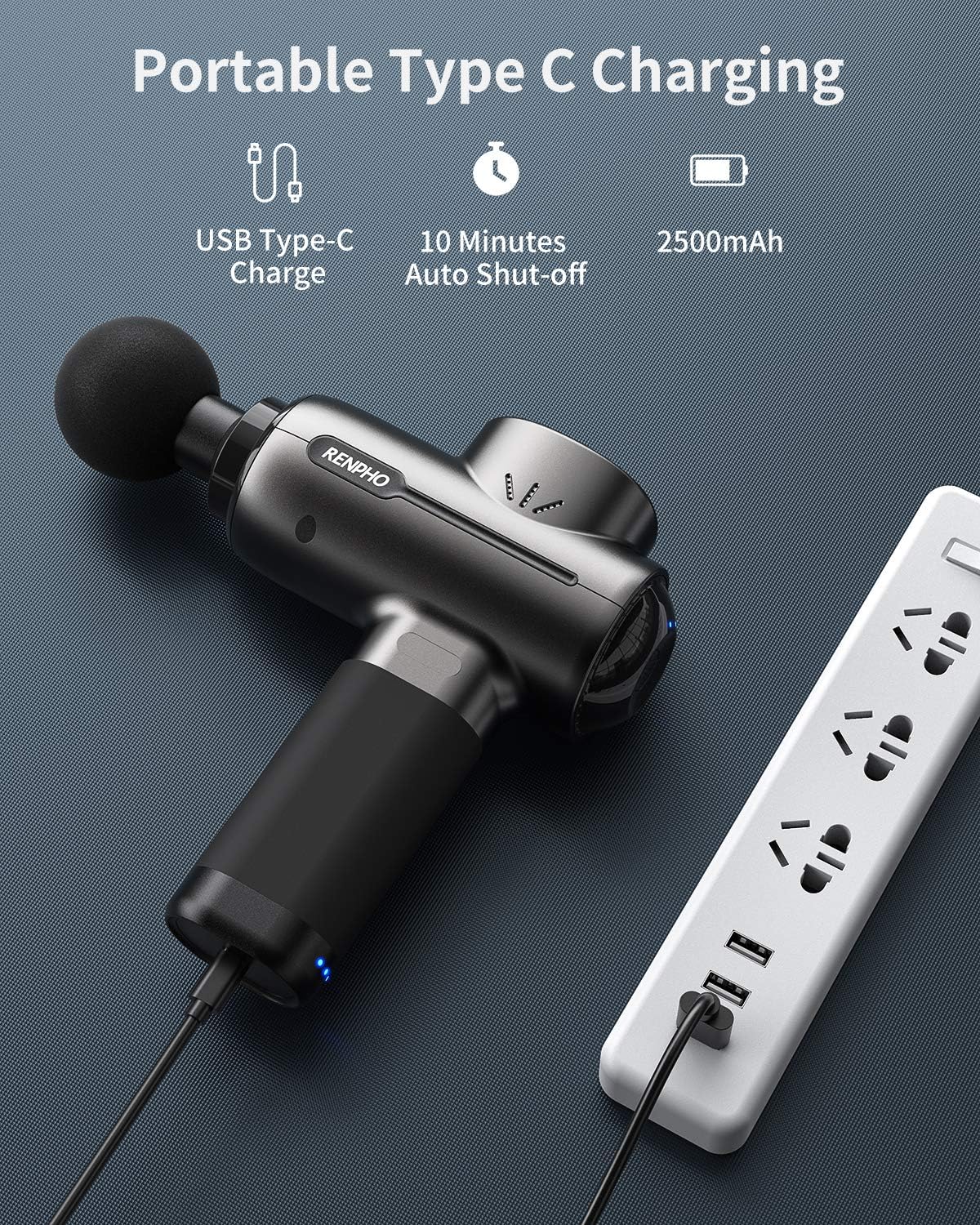 Powerful Portable Massage Gun, RENPHO Deep Tissue Percussion Massage Gun for Muscle Back Foot Pain Relief After Gym, Handheld Massager Machine with 3200rpm Motor 2500mAh Battery Type-C Charging: Health & Personal Care