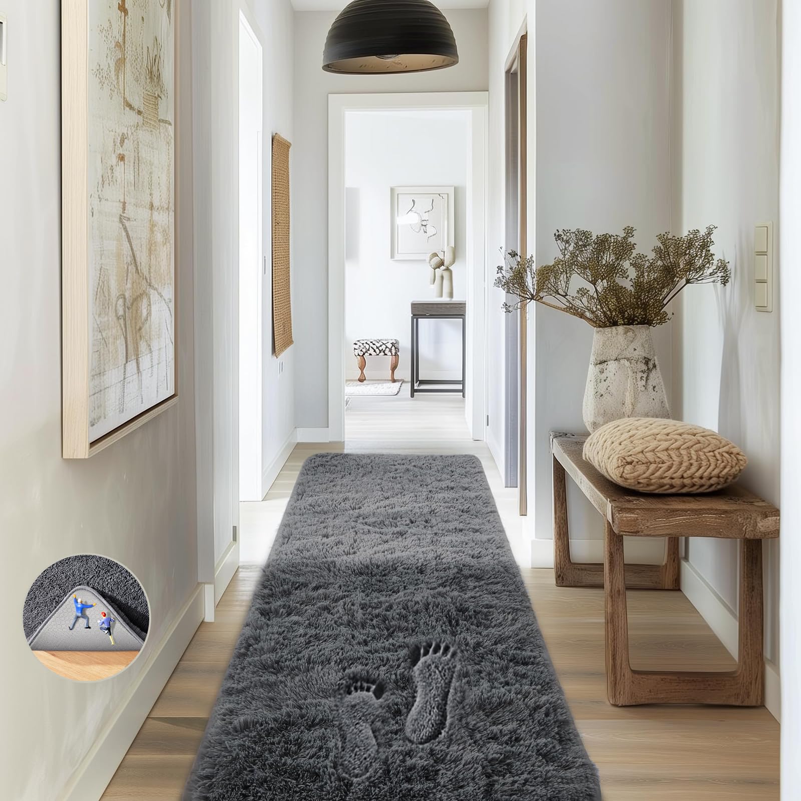 Photo 1 of Ophanie Runner Rug for Hallway, 2x6 Upgrade Non-Slip Fluffy Soft Bedside Rugs, Bedroom Living Room Grey Shaggy Gray Carpet for Kids Girls Boys Dorm Nursery Home Decor Aesthetic