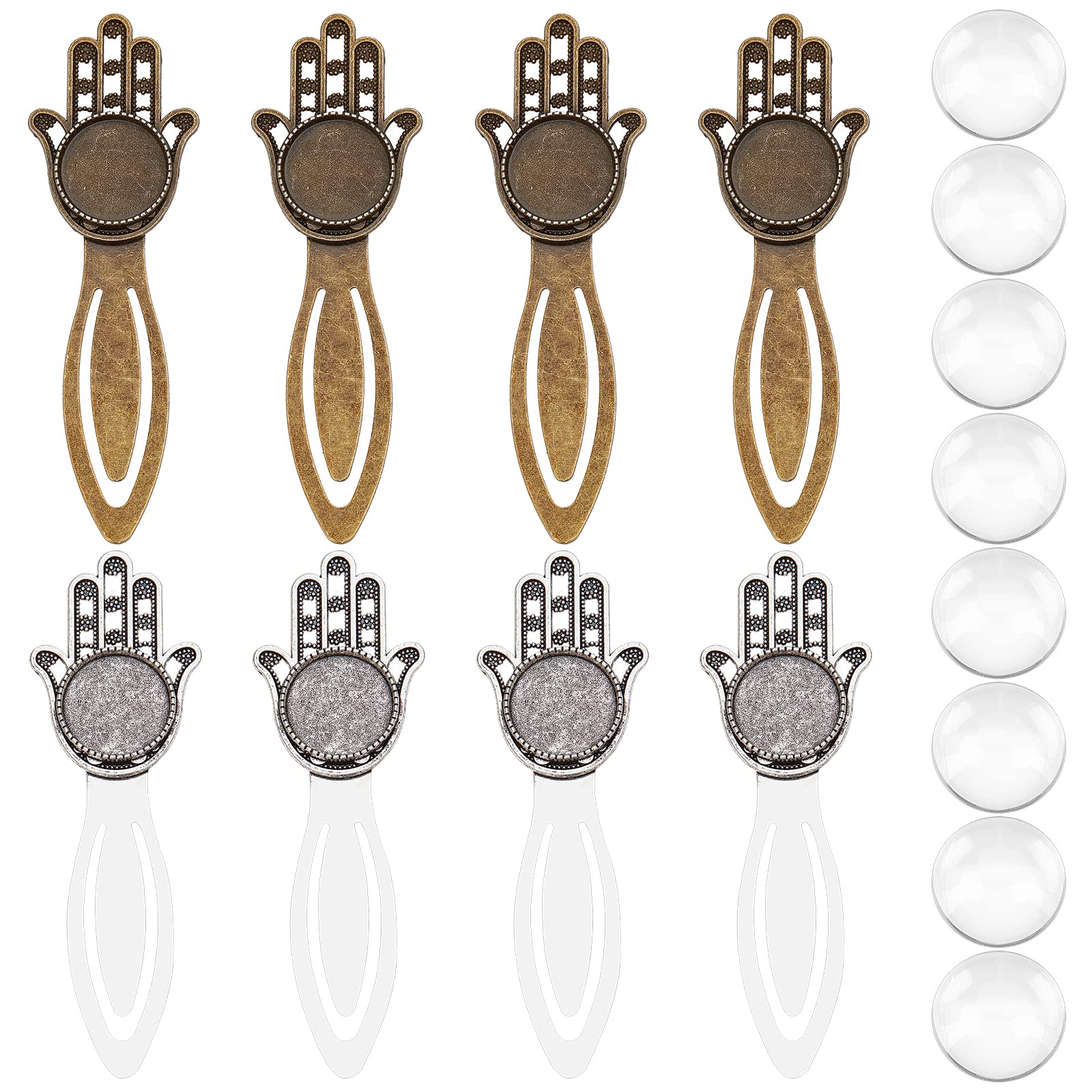 SUNNYCLUE 1 Box 16Pcs DIY 8 Sets Metal Bookmark Blanks Hamsa Hand Bookmarks Tray Clear Glass Cabochons Retro Bookmark Making Kit Vintage Style Book Marks for DIY Craft School Office Supplies — image 1
