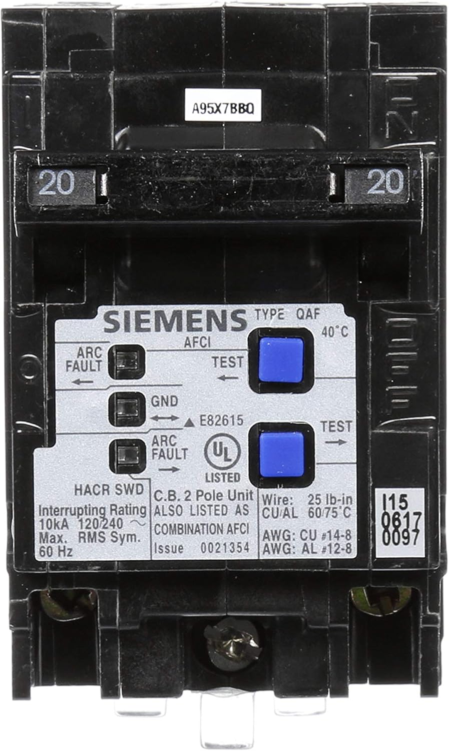 Siemens Q220AFCP 2-Pole 120-Volt combination type arc fault circuit interrupter, Clamshell Packaging - Circuit Breaker Panels - 