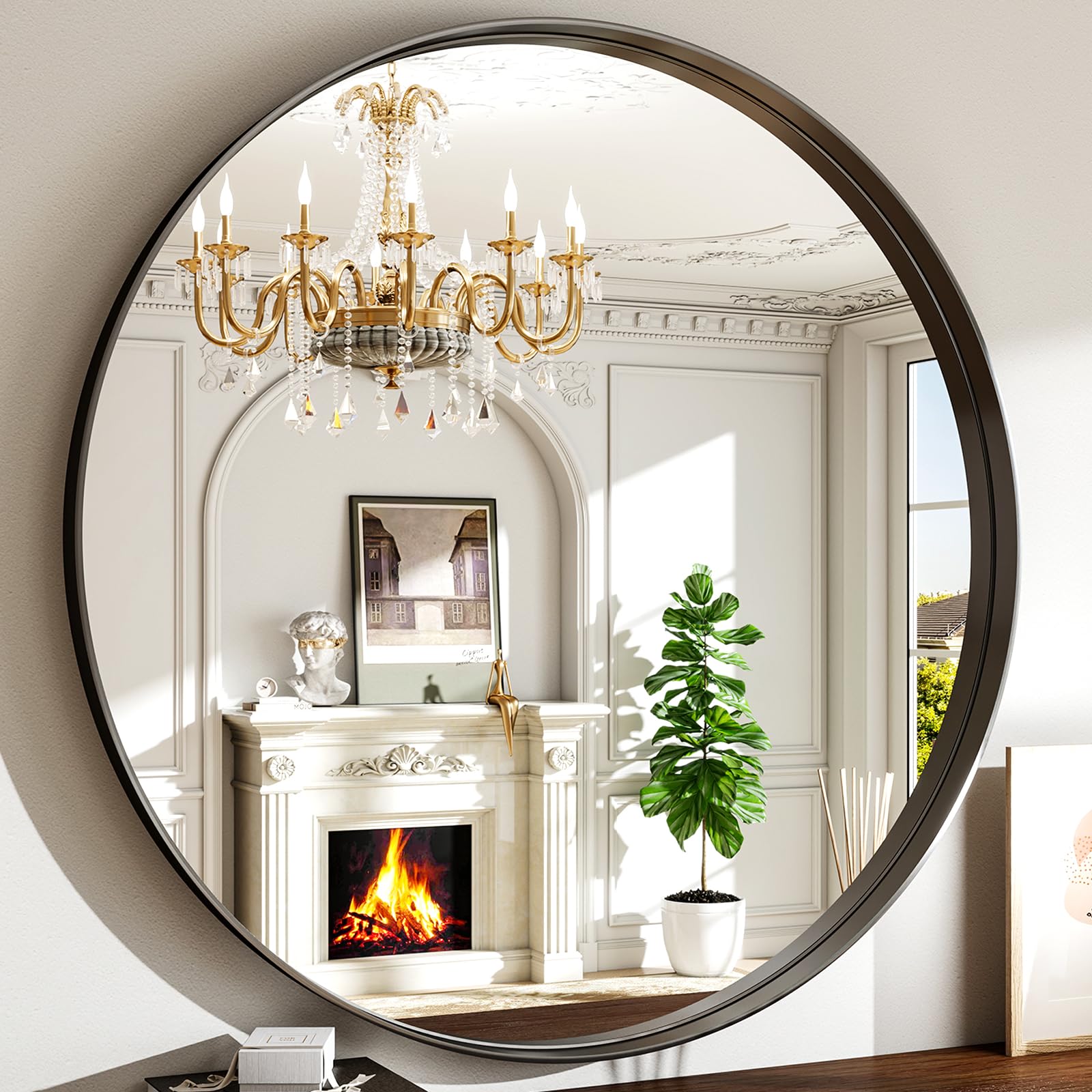 Photo 1 of Easly 48 Inch Black Round Bathroom Mirror - Wall Mounted Circle Mirror with Metal Frame, Modern Mirror Suitable for Bathroom, Vanity, Entryway, Living Room, Wall Decor