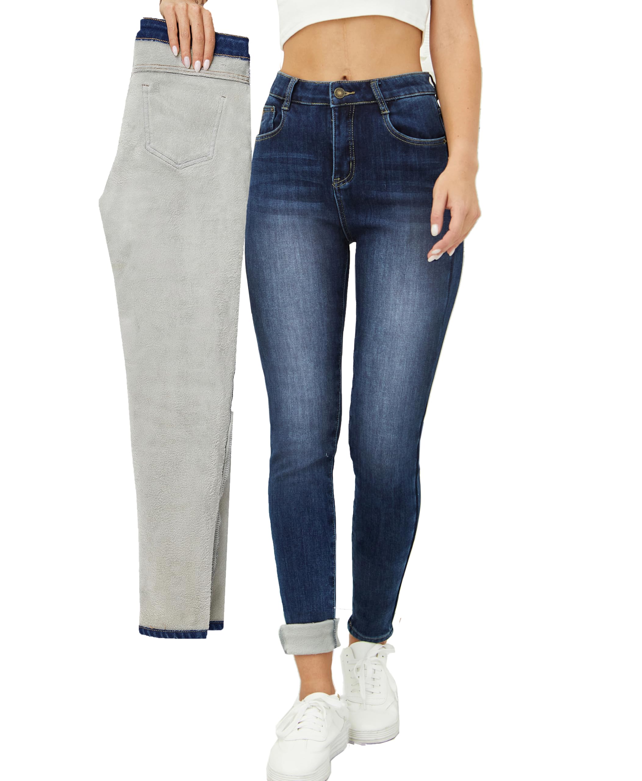 Photo 1 of heipeiwa Women's Fleece Lined Jeans Winter Jeans Thermal Stretch Warm Flannel Lined Skinny Denim Pants S 