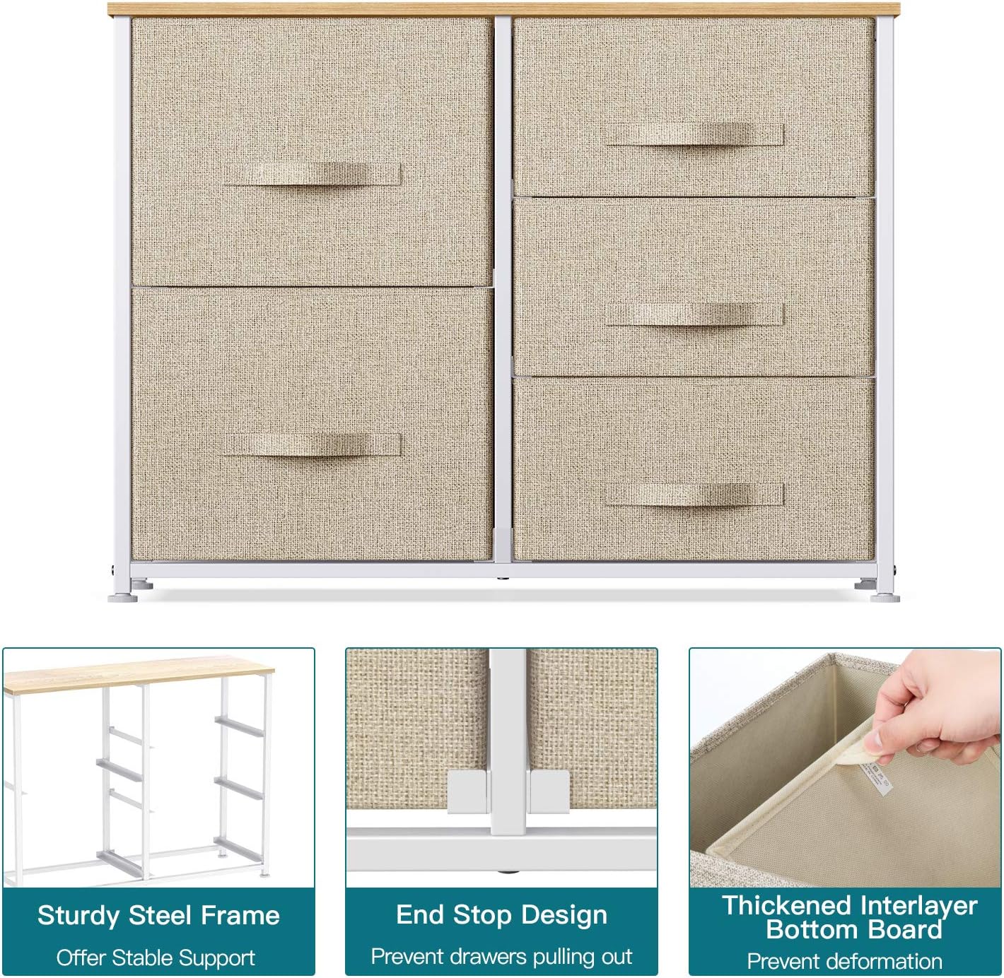 Fabric Dresser with 5 Drawers, Vertical Wide Dresser Storage Tower, Organizer Unit with Wood Top and Easy Pull Handle for Closets, Living Room, Nursery Room, Hallway by Pipishell: Home Improvement