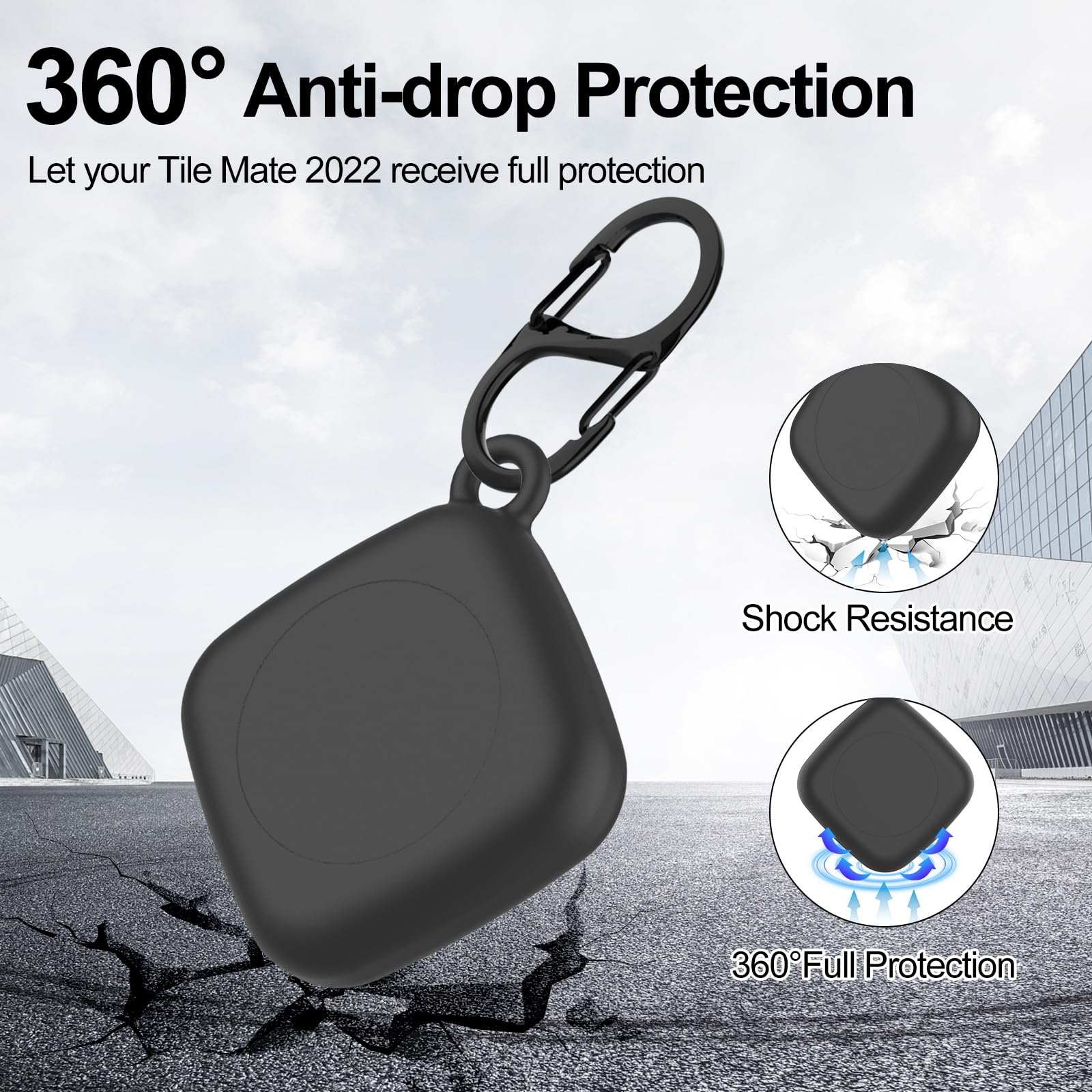 Silicone Case for Life360 Tile Tracker 2 Pack, for Tile Mate 2022 Full Body IPX8 Waterproof and Anti-Scratch Protective with Carabiner for Kids, Keys, Luggage, Cat/Dog Collar Tag (Black+Black)
