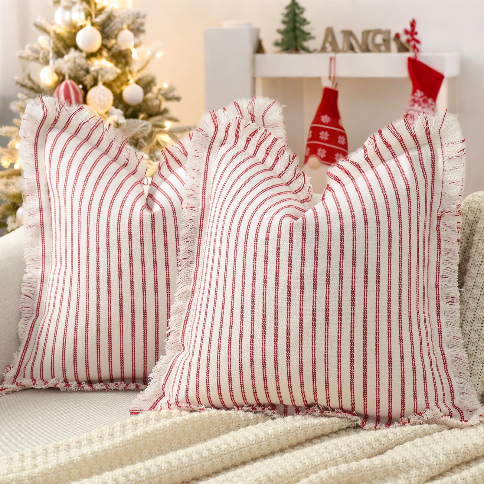 Photo 1 of ZWJD Throw Christmas Pillow Covers 22x22 Set of 2 Striped Pillow Covers with Fringe Chic Cotton Decorative Pillows Square Cushion Covers for Sofa Couch Bed Living Room Farmhouse Decor