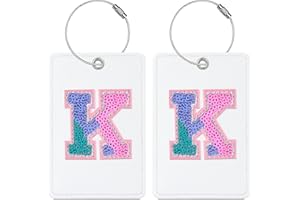 Sodsay 2 PCS Initial Luggage Tag, Luggage Tags for Suitcases Cute Sequin Letter PU Leather Travel Bag Baggage Tags ID Label with Steel Loops for Women Kids Teens(K, White Leather+Colorful Letter)