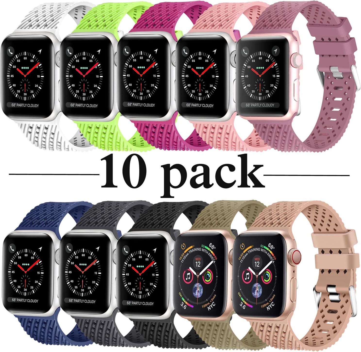 Lwsengme Compatible with Apple Watch Band (S/M M/L),Choose Color,Soft Rubber Replacement Sport Wristbands Compatible with Apple Watch Series 4/3/2/1(42mm/44mm-10 Pack-Large)