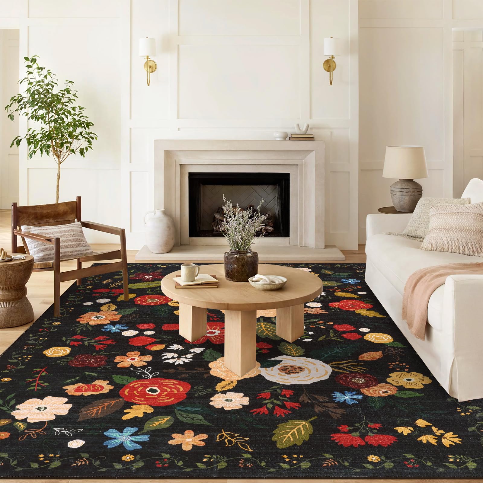 U'Artlines 6x9ft Vintage Floral Area Rug Machine Washable Ultra Soft Low Pile Non Slip Non Shedding Accent Floor Carpet for Living Room, Bedroom, Dining Room, Office (Black Green) Image