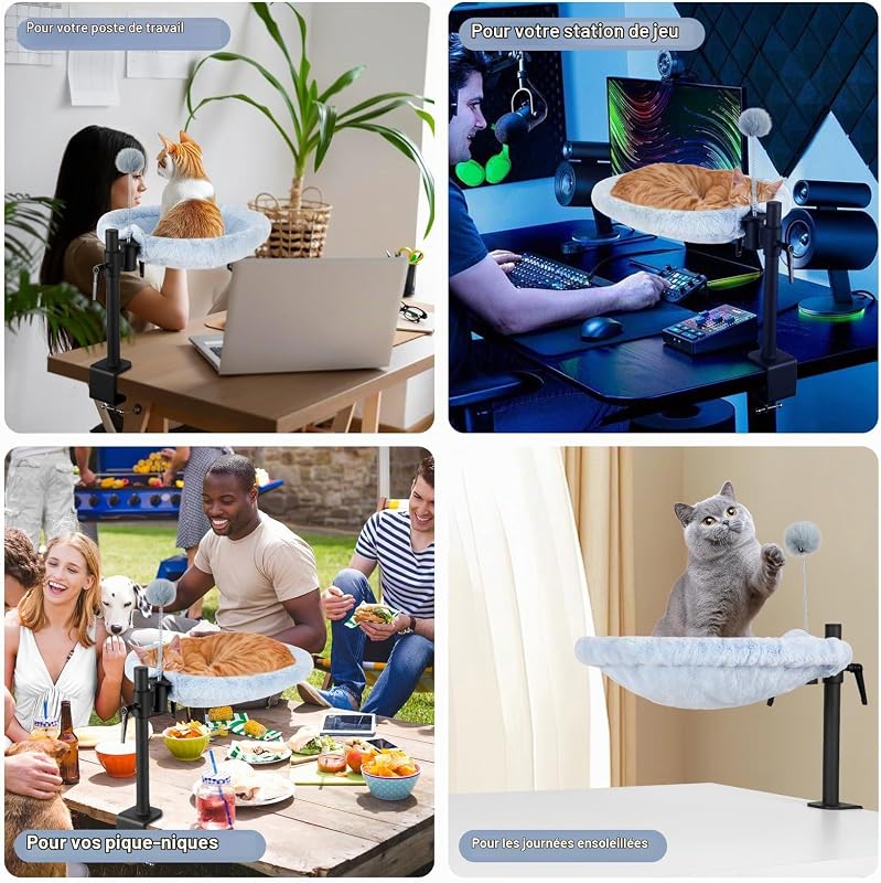 Lit de Bureau pour Chat - Rotation à 360° réglable en Hauteur - Hamac pour Chat d'intérieur avec Maille et Tissus lavables en Peluche (Blanc)