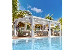 EROMMY 12x20FT Louvered Pergola Outdoor Sun Shade Shelter with Aluminum Frame and Adjustable Metal Rainproof Roof for Garden & Patio, Curtains and Netting Included, White