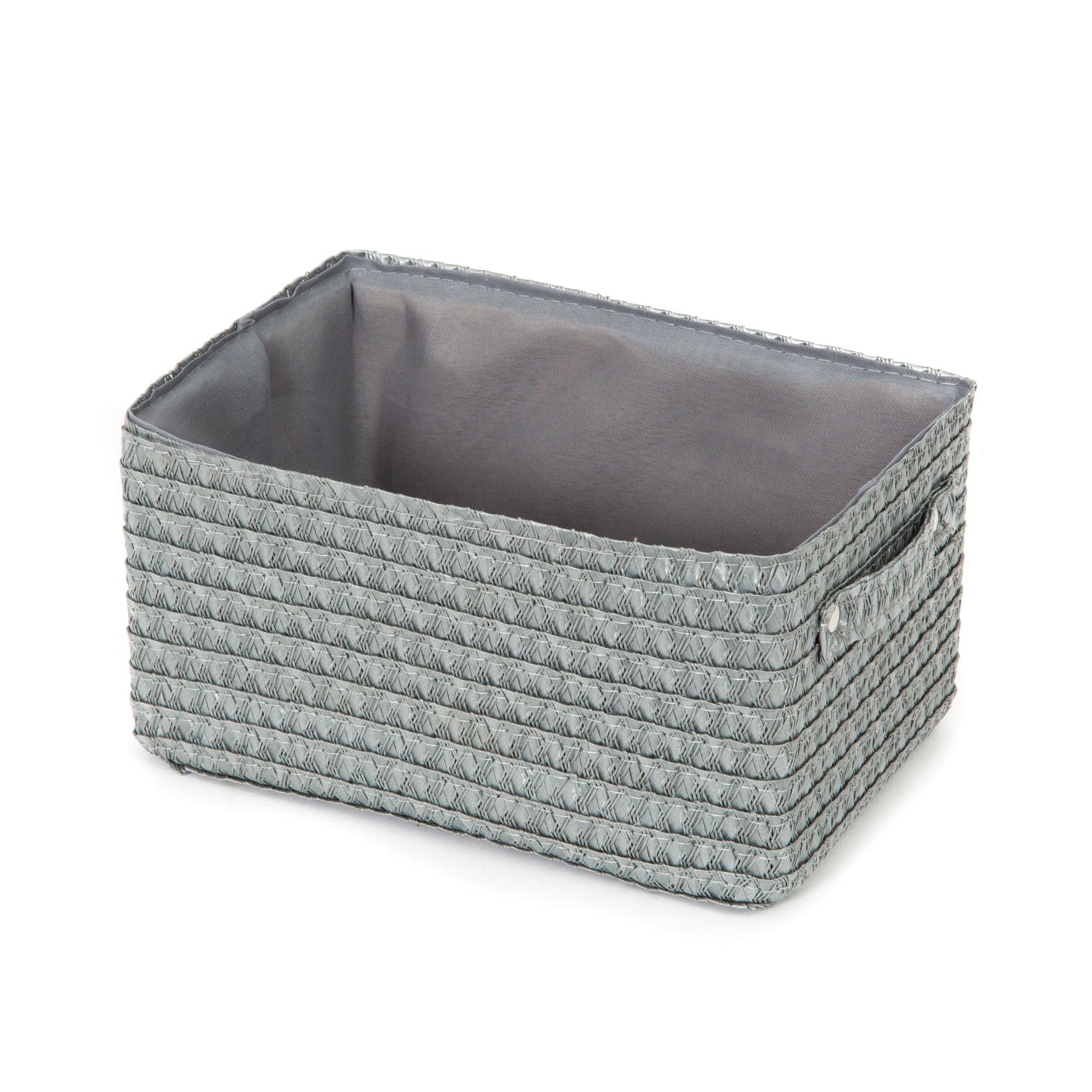 Compactor Rectangle Storage Basket with Pull Handle, Woven Storage Box Reinforced with Cardboard, For Cupboard, Desk and Shelf Storage, Grey with Matching Inner Lining, Lilou Range