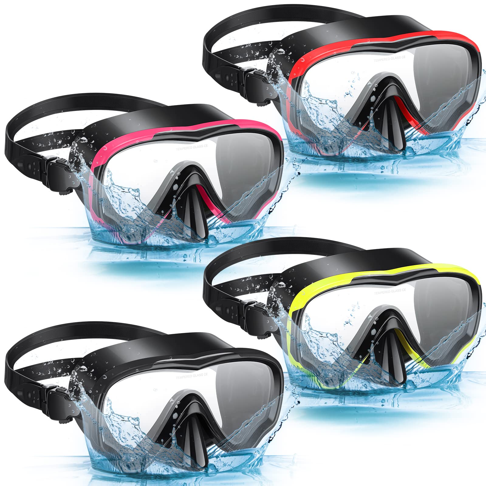 Photo 1 of 4 Pcs Snorkeling Goggles for Adults Scuba Diving Mask Anti Fog Dive Mask Snorkeling Gear for Men Women Panoramic Swimming Goggles with Nose Cover for Diving, Swimming (Black, Yellow, Red, Rose Red)