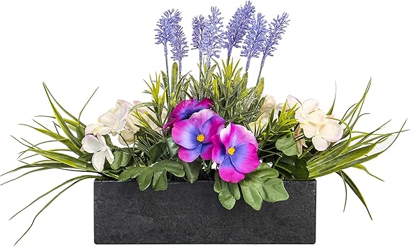Amazon Com Jusdreen Artificial Flower Arrangement In Imitated Wood Pot Vivid Lavender Violet Orchid Grass Bonsai Indoor And Outdoor Floral Arrangements For Home Office Decor House Decorations Kitchen Dining