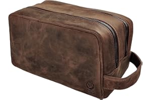 RUSTIC TOWN Full Grain Leather Travel Toiletry Bag - Cosmetic Ditty Kit Organizer (Dark Brown)