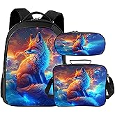 Tijuboni Kids Backpack for School Boys and Girls - 3pcs, Fox School Backpack with Lunch Box and Pencil Case for Children Teens Bookbag 16 Inch Large Capacity