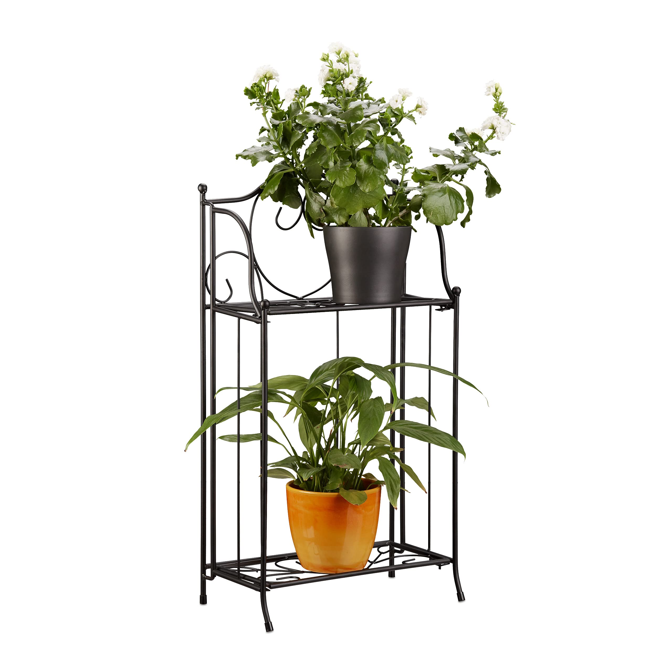 Relaxdays Metal Flower Stand with 2 Tiers, for Potted Plants, Balcony Decor, Outdoor, Freestanding, 64.5 x 33.5 x 18cm, Black