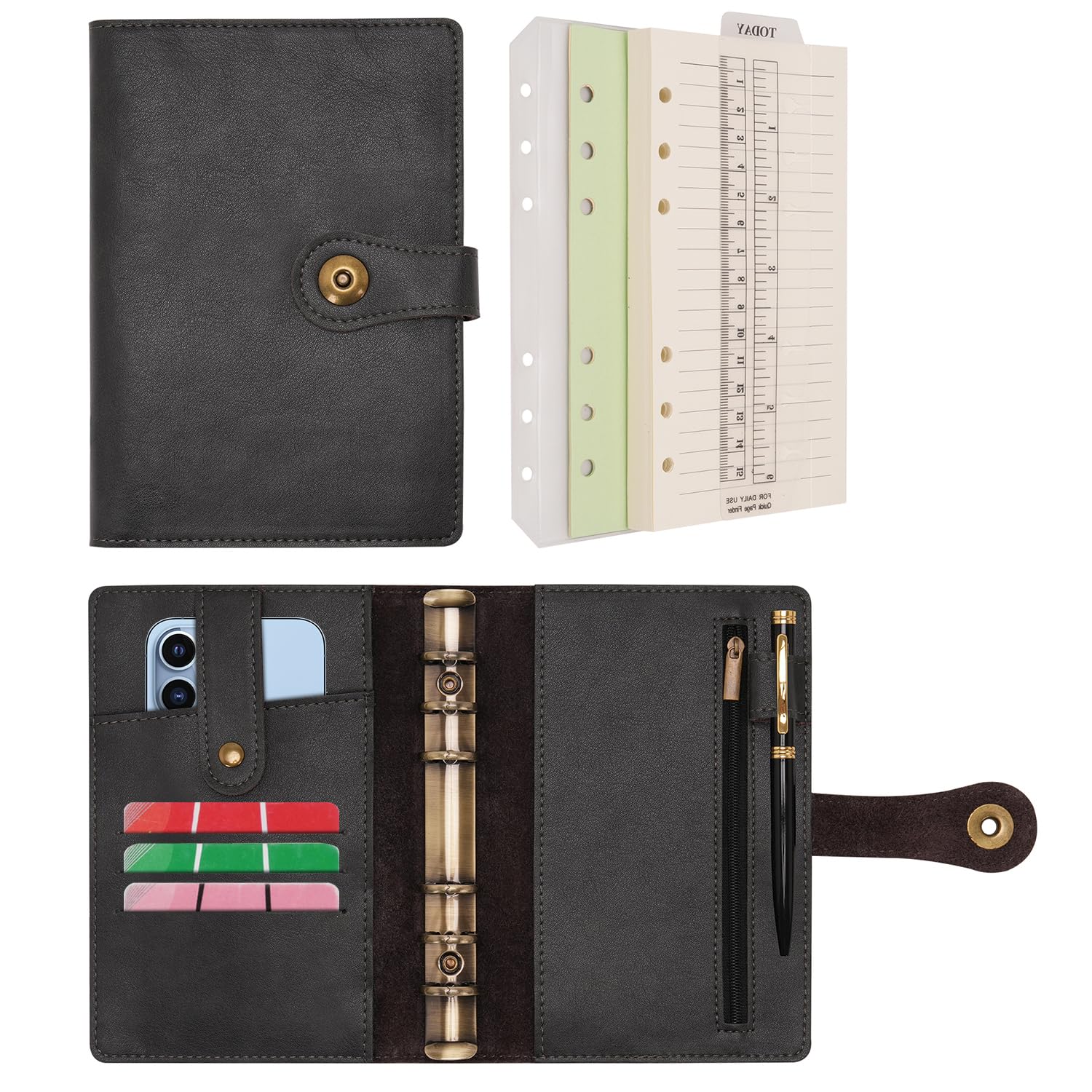 Wonderpool A6 Binder Travel Diary Journal Notebook, College Ruled Paper Refillable, Leather Budget Binder Rings Organizer with Pen for Office School Business Planning Writing (Black, A6)