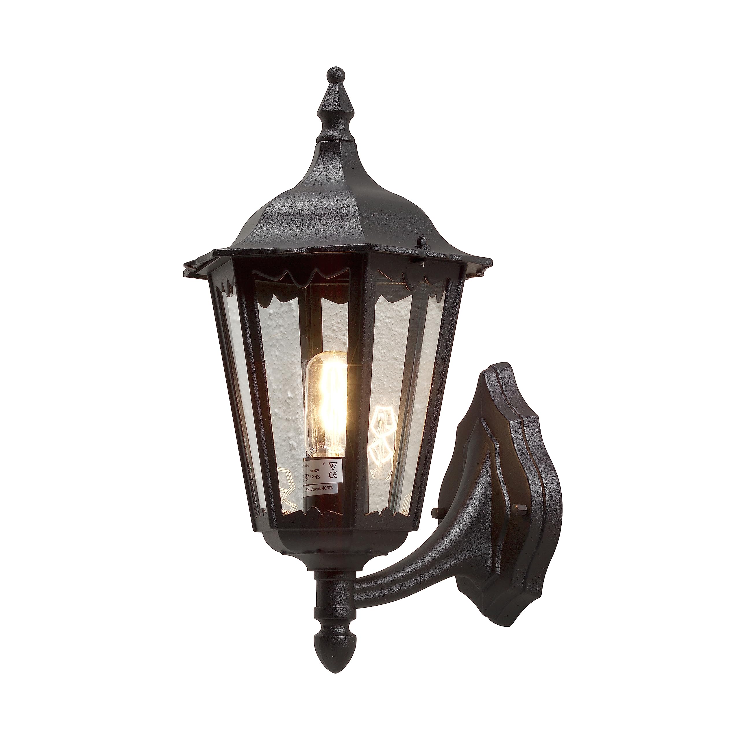Konstsmide Outdoor Wall Light Mains Powered/Firenze Large Up Traditional Lantern/1 x 100 W E27 Max Lamp/Clear Glass Panels/Aluminium/IP43/Outside Light Matt Black