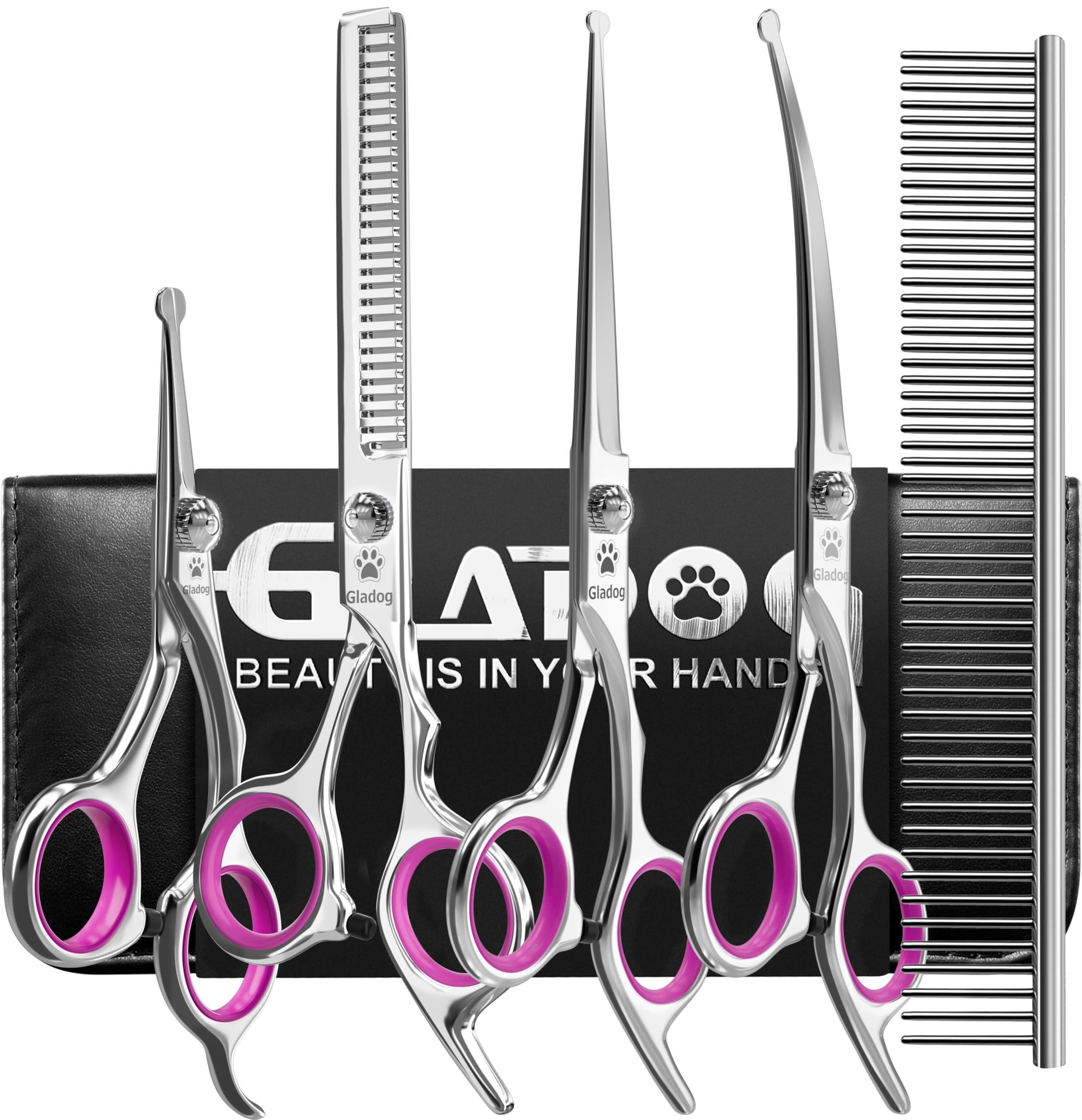 Photo 1 of GLADOG Dog Grooming Scissors Kit with Safety Round Tips, Professional 6 in 1 Grooming Scissors for Dogs, Sharp and Heavy-duty Dog Grooming Shears for Dogs Cats Pets (Pink)