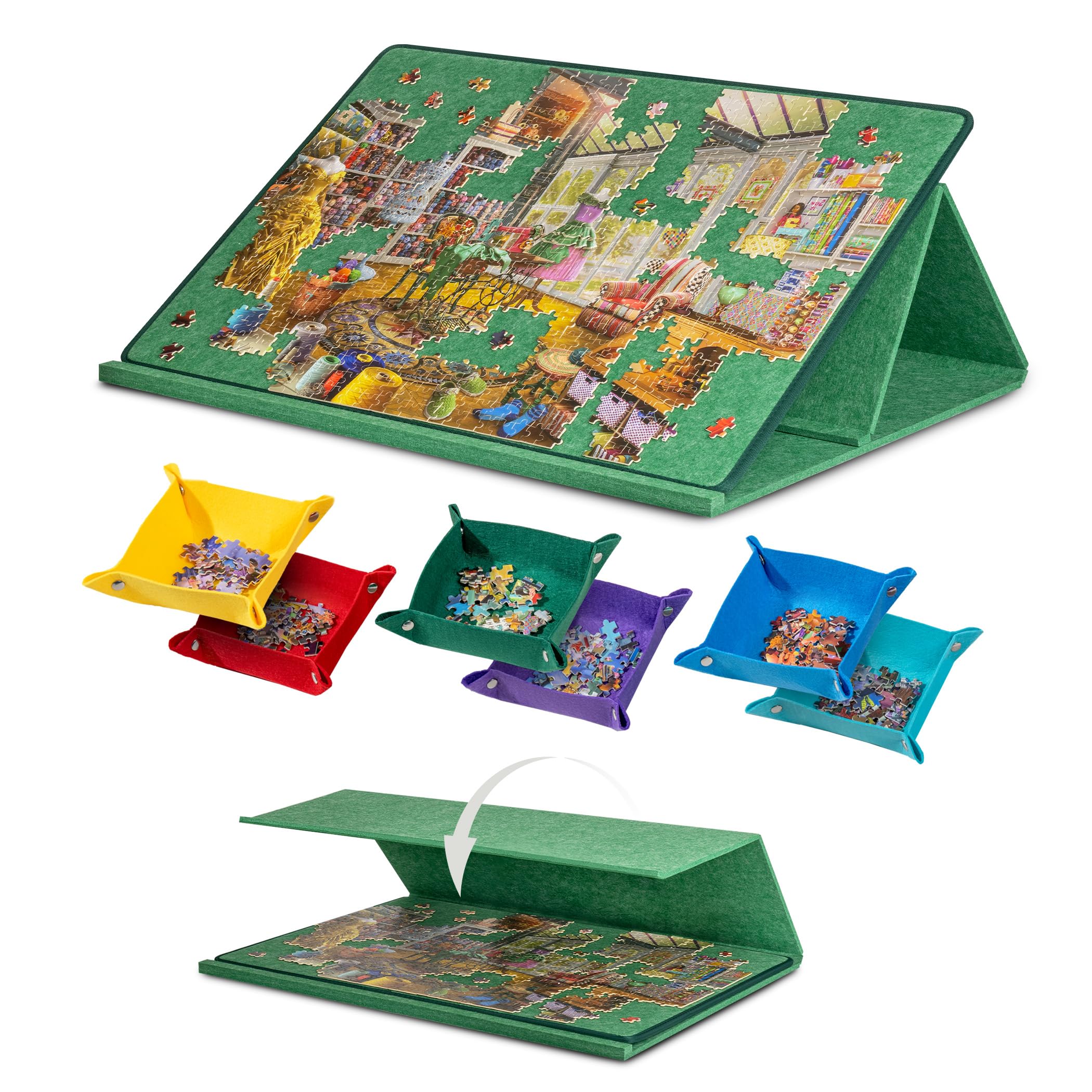 Jigpal Jigsaw Puzzle Board with Adjustable Foldable Stand & Cover, Lightweight Portable Puzzle Board Table with Felt Easel, Jigsaw Board for Up to 1000 Pieces with 6 Colored Sorting Trays - Green