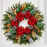28 Inch Christmas Wreath for Front Door, Red Poinsettia Rose Holiday Wreath | Full Christmas Wreath with Gold Leaves, Frosted Pinecones, Magnolia Leaves, Eucalyptus and Berries, Luxury Holiday Decor