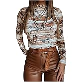 SOLY HUX Women's Graphic Tees Cut Out Mock Neck Long Sleeve T Shirt Vintage Going Out Tops