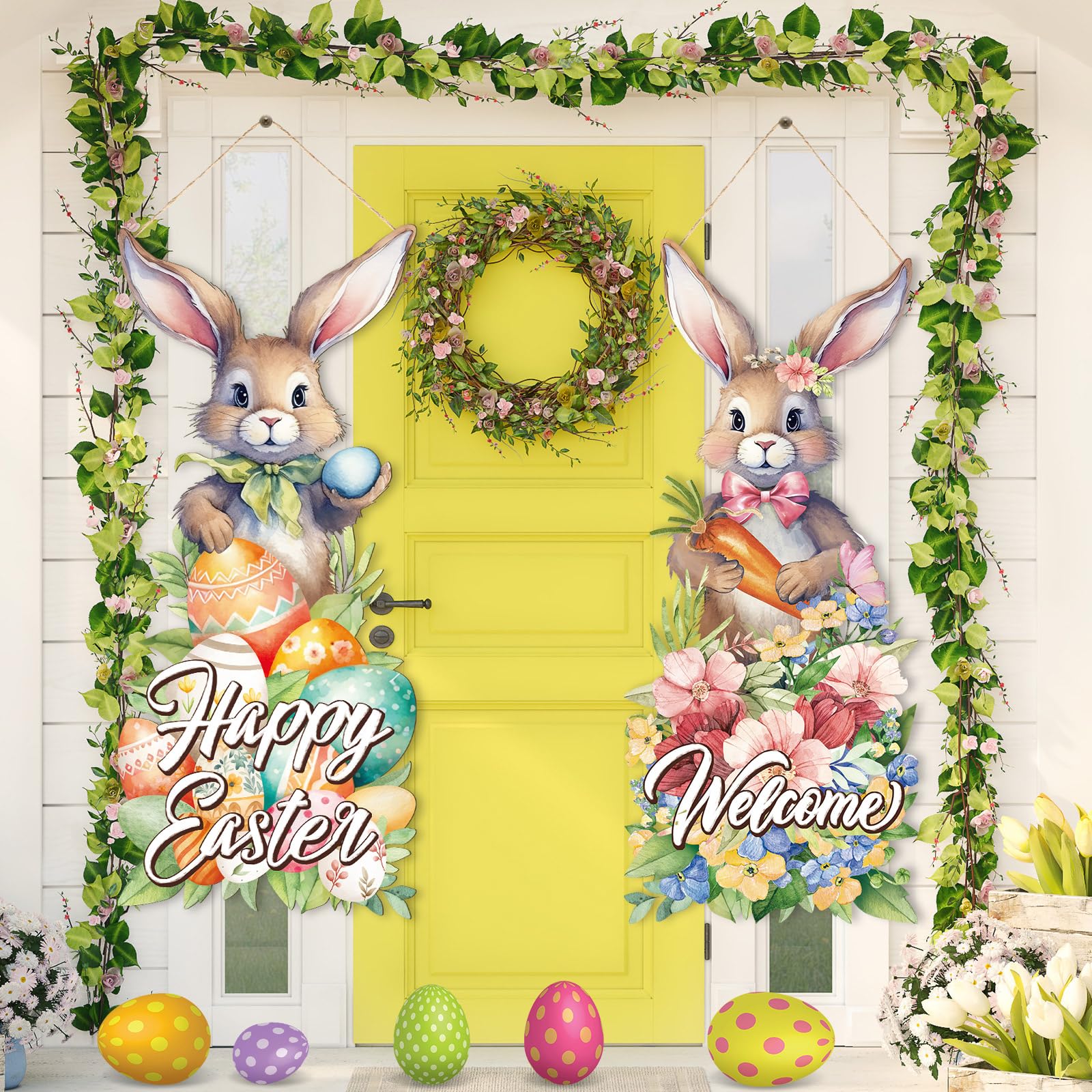Photo 1 of 2 Pcs Large Easter Bunny Hanging Sign 27.56 x 11.81 Inches Bunny Wooden Front Door Decorations Rabbit Hanging Hanger Easter Rabbit Porch Sign for Home Indoor Outdoor Wall Spring Decoration(Cute)