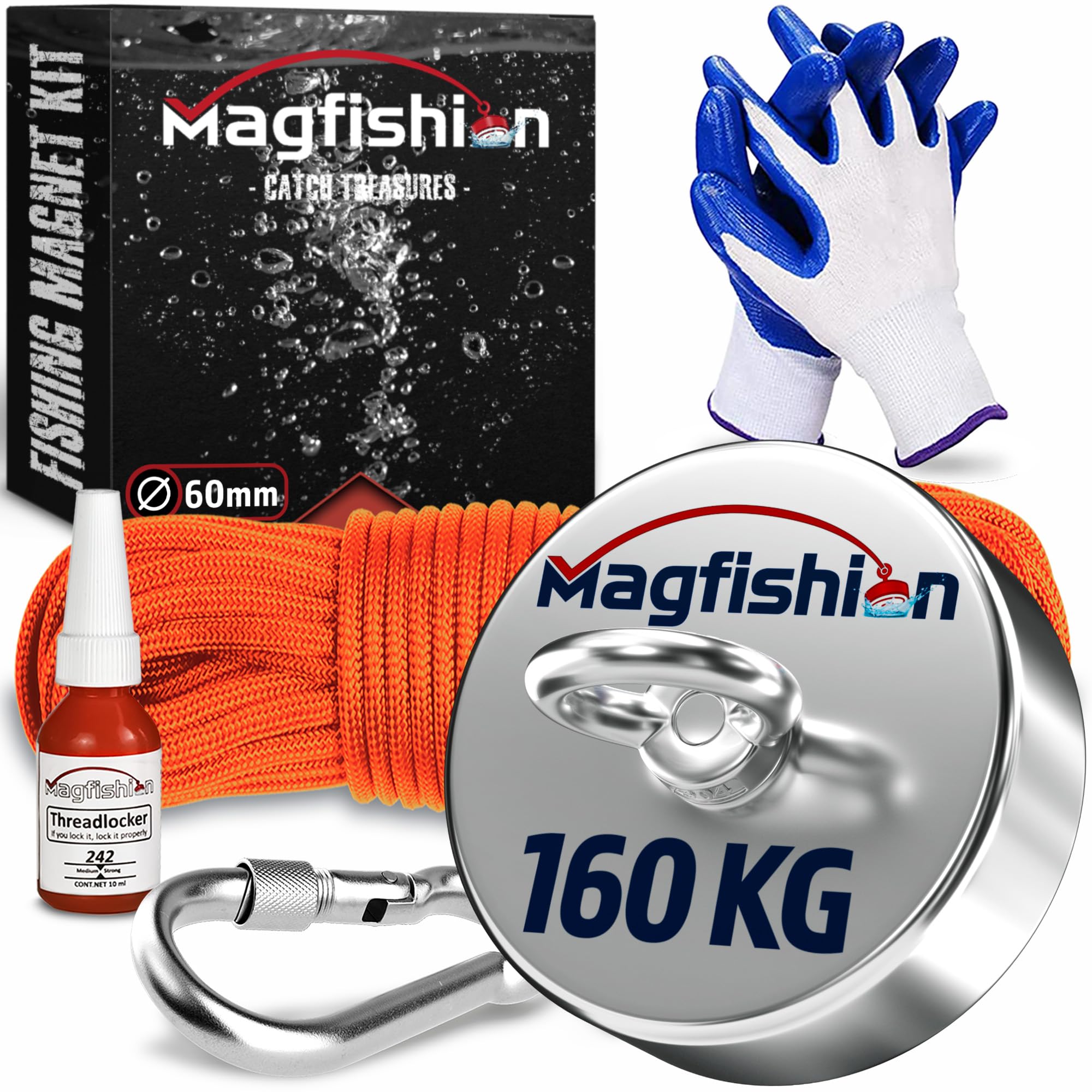 MAGFISHION Magnet Fishing Kit - 160 KG (350lb) - Ø60mm - Super Strong Neodymium Magnet with Rope (20M), Carabiner, Gloves, Threadlocker - Magnetic Fishing Magnets