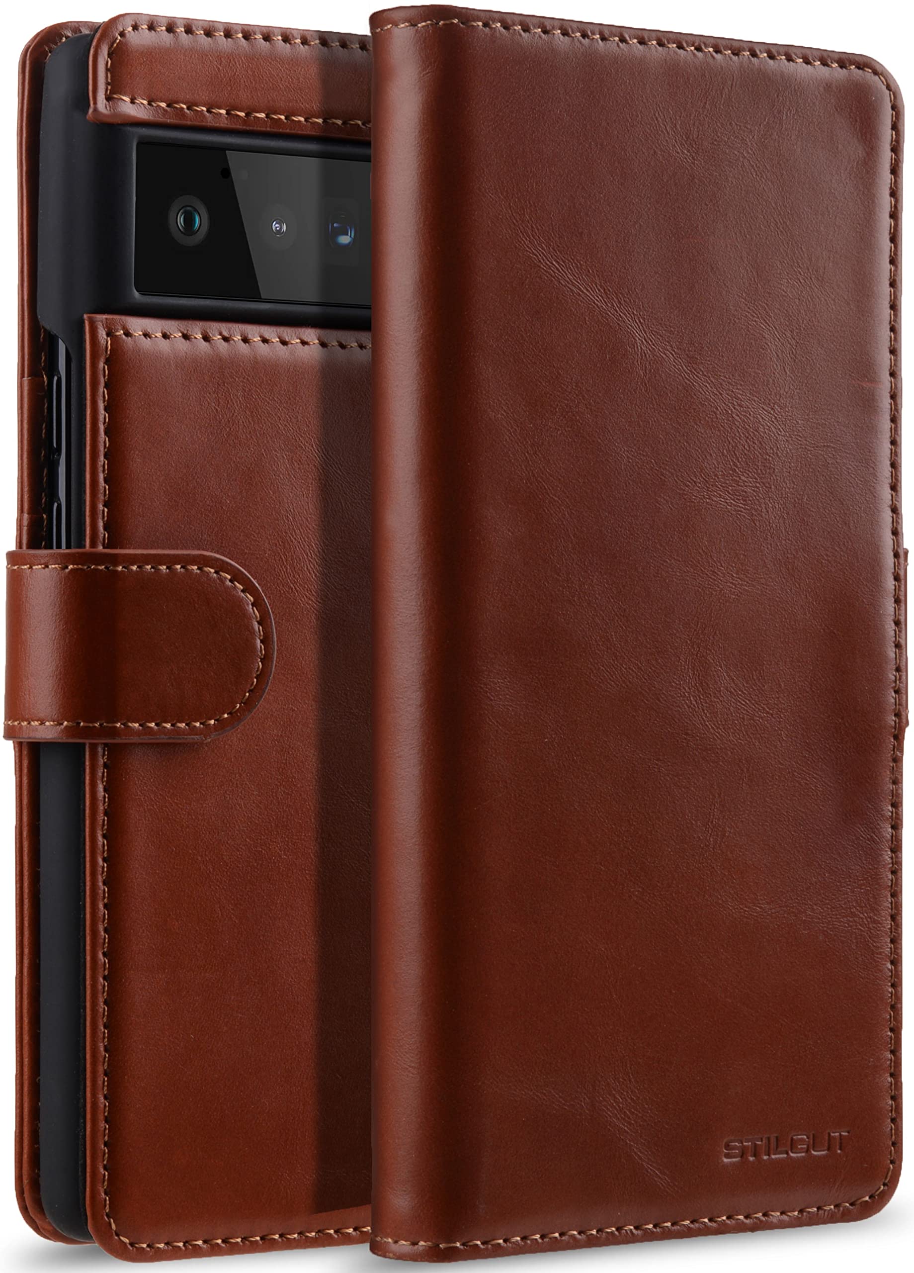 STILGUT Case Compatible with Google Pixel 6 Pro Wallet Case with Magnetic Clasp Genuine Leather Cognac