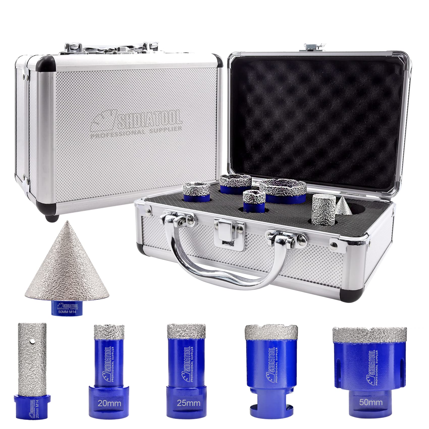 SHDIATOOL Dry Diamond Core Drill Bits M14 Thread 20/25/35/50mm and 20mm Finger bits and 50mm Chamfer Bits Vacuum Brazed for Porcelain Tile Granite Marble — image 1