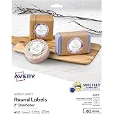 Avery Printable Round Labels with Sure Feed Technology, 2" Diameter, Glossy White, Laser & Inkjet Compatible, 60 Blank Labels Total, Great for Mailing, Branding, and More (22817)