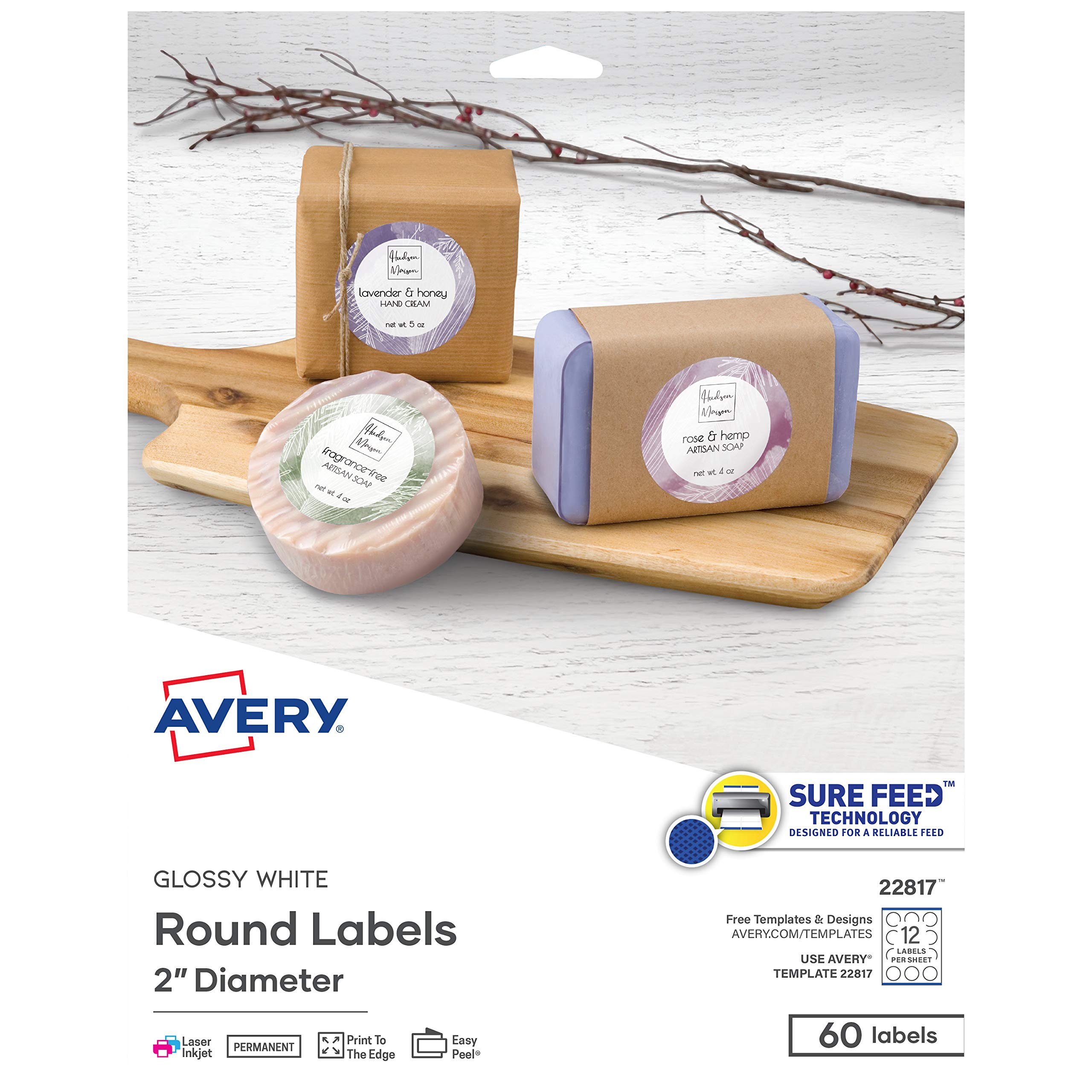 Photo 1 of Avery Printable Round Labels with Sure Feed, 2" Diameter, Glossy White, 60 Customizable Labels (22817)