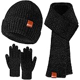 Winter Hat Scarf Gloves Set, 3-in-1 Knit Beanie with Fuzzy Lining, Touch Screen Mittens, Circle Scarf for Men Women