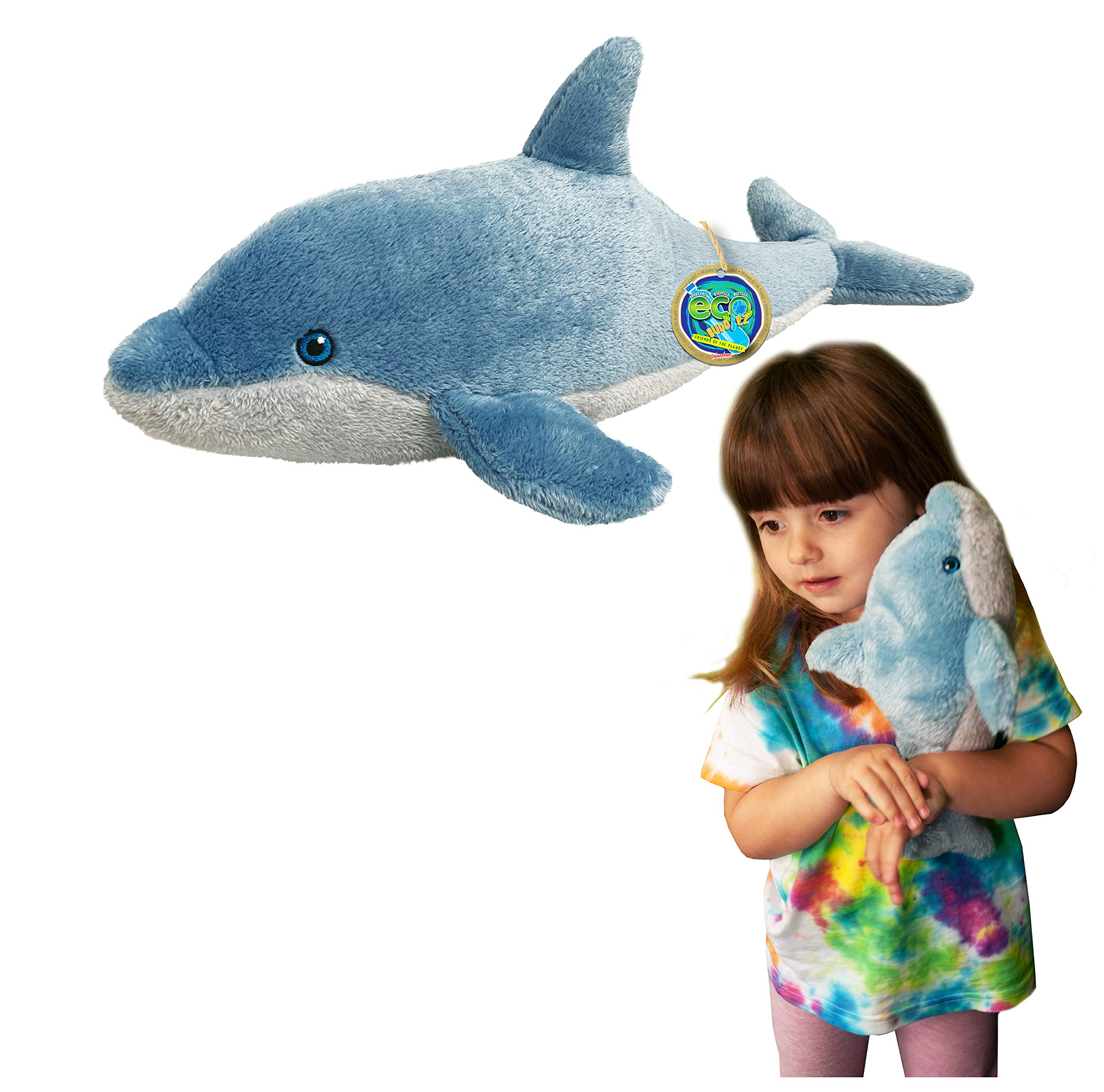 EcoBuddiez - Dolphin from Deluxebase. Medium 38cm Soft Plush Animals made from Recycled Plastic Bottles. Eco-Friendly Cuddly Gift for Kids and Cute Stuffed Animal Toy for Toddlers.