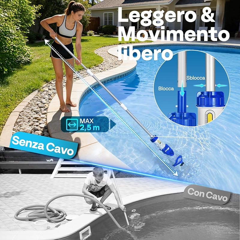 Aspirapolvere per Piscina Senza Fili 4300LPH con Asta 250cm