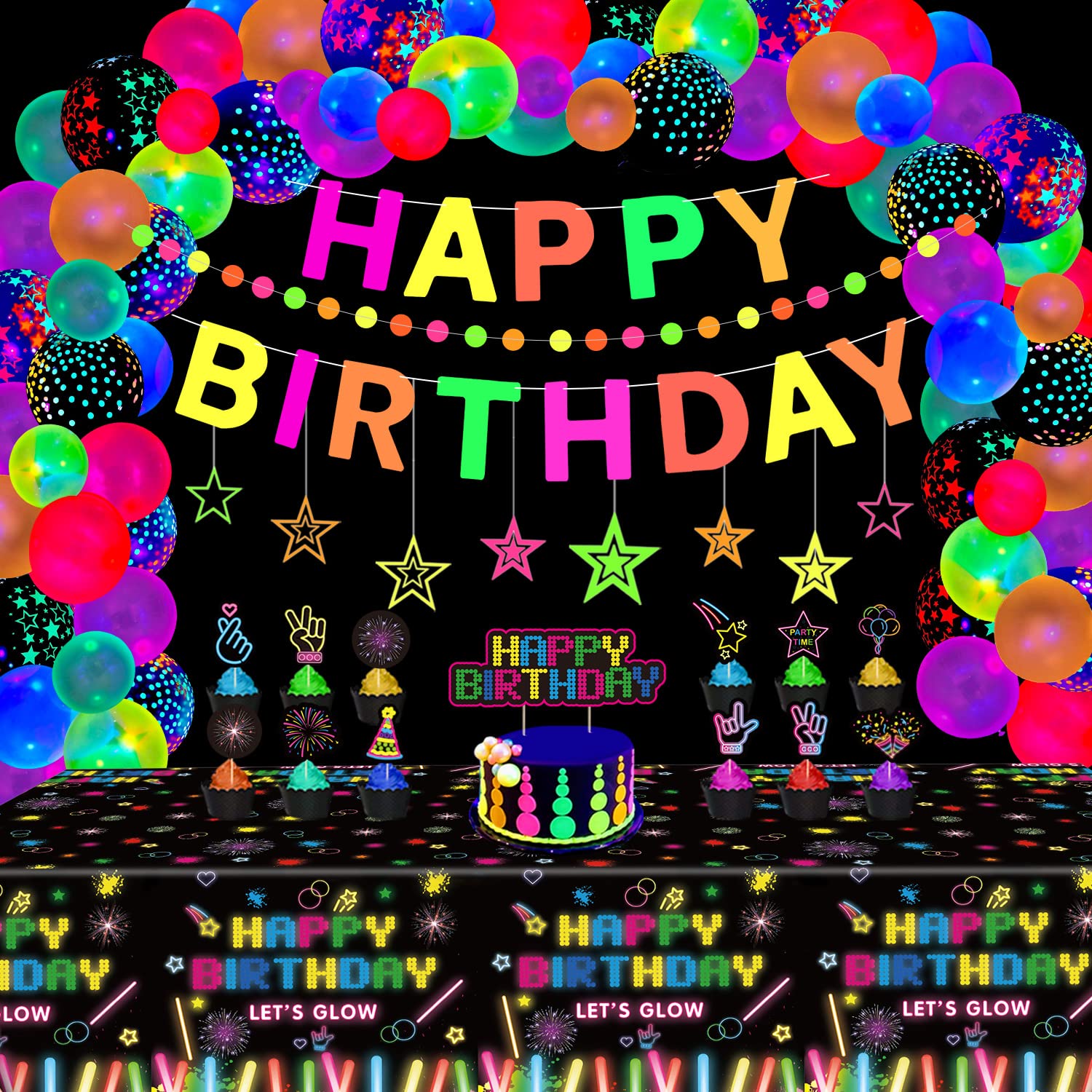 LKITMIUT 80 Pack Glow Neon Party Supplies Decorations Black Light Reactive Decor Set - Fluorescent Banner, BlackLight Garland, Hanging Stars, in The Dark Balloons, Tablecloth, Cake Toppers