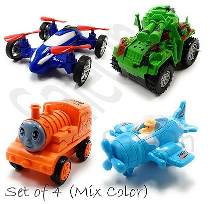 SaleOn Set of 4 Unbreakable Friction Powered Automobile Toy Set Drone Toy Tank Bulldozer Train Engine and Plane for Kids(Assorted-Color)-942