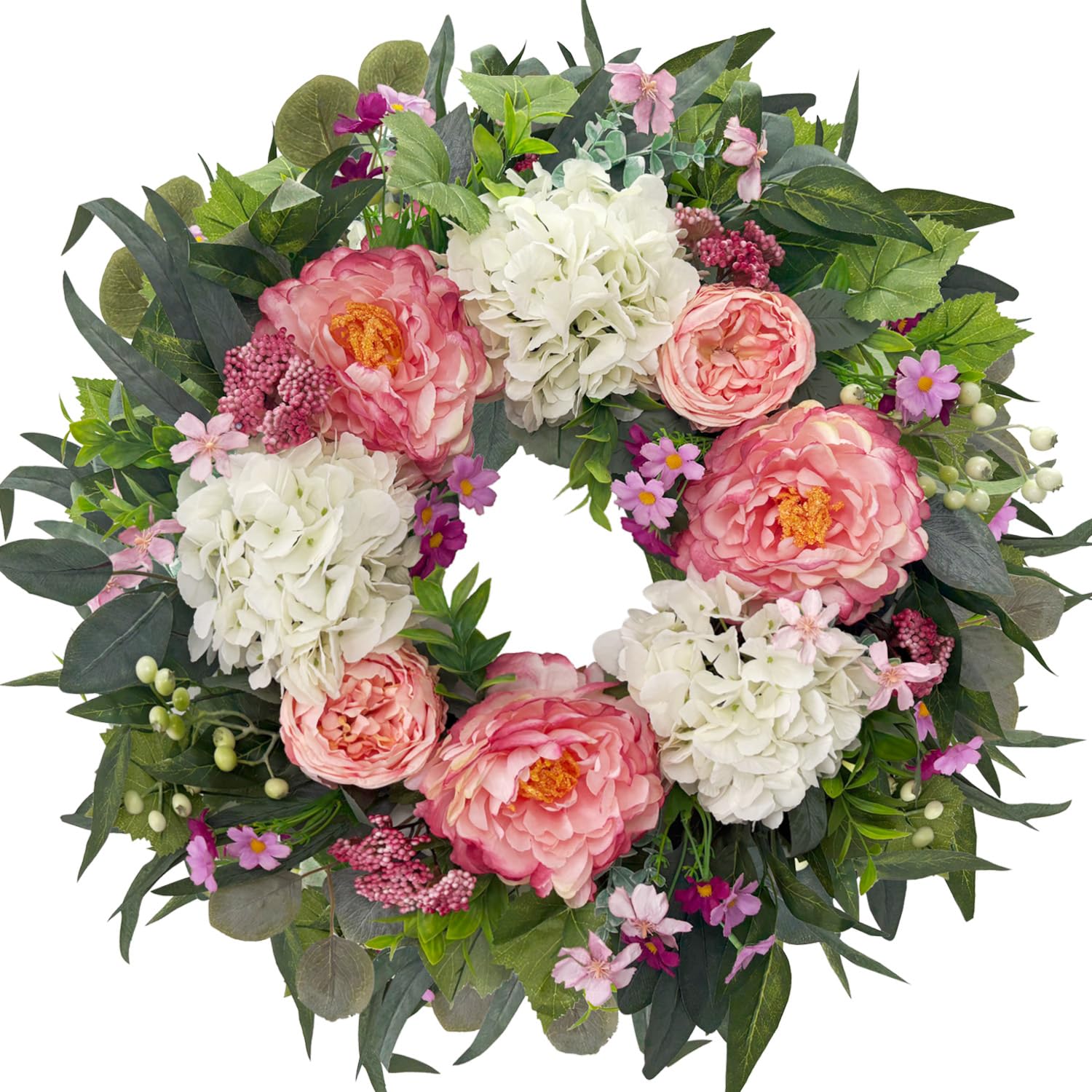 HipTree 24 Inch Spring Wreaths for Front Door,Handmade Silk Pink Peony and White Hydrangeas Floral Wreath for Mothers Day,Summer,Wedding,Valentines Day Decorations,Indoor Outdoor and Wall Decor