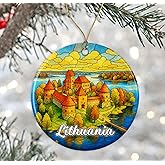 DanielDesign Lithuania Christmas Ornament - Travel Lithuania Gift - Stained Glass Style Ceramic Keepsake - Travel Gift for Tree Decoration Printed on Both Sides