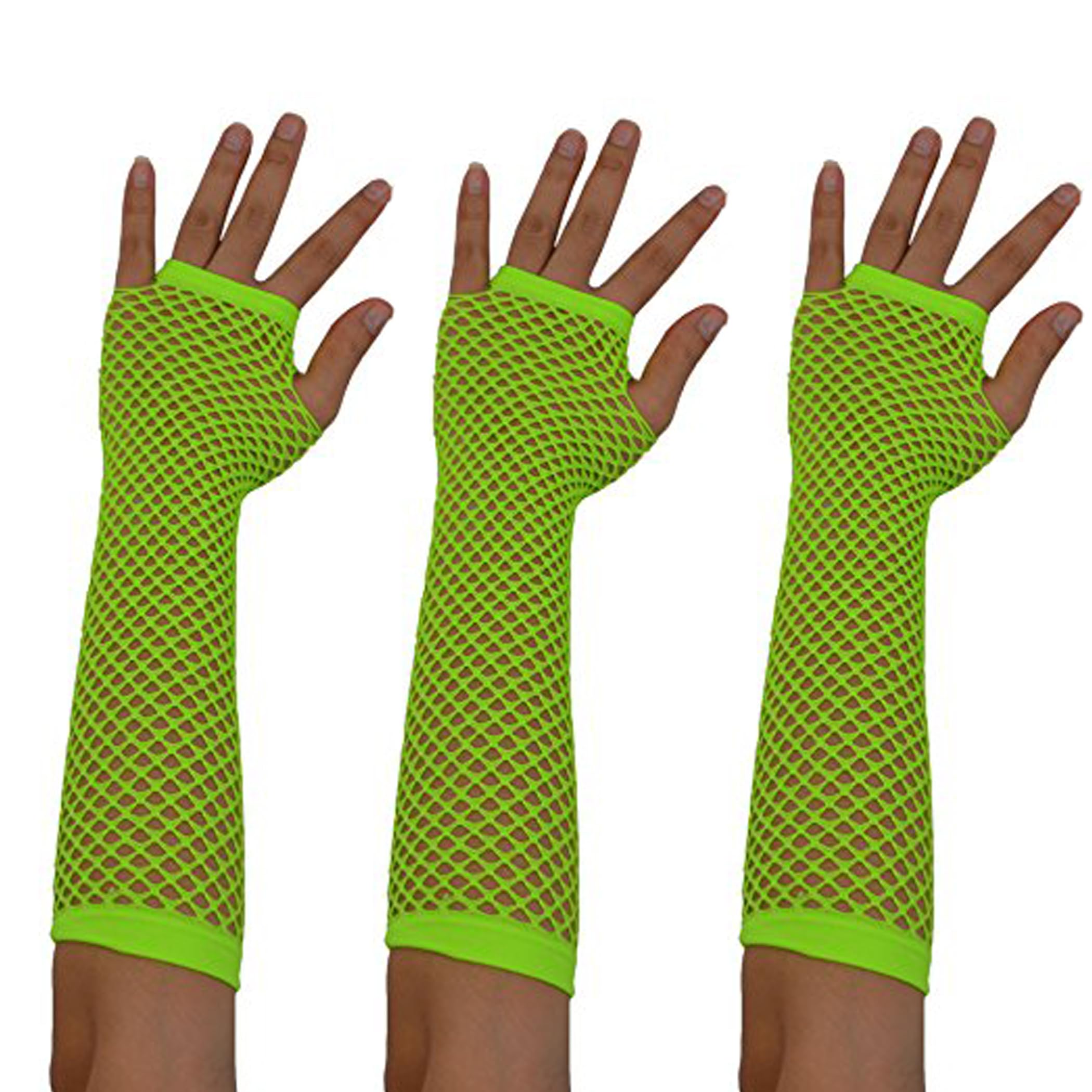 Women Fishnet Long Gloves, Nylon Fish Net Gloves For 80s Themed Punk Rock Club Costume/Cosplay/Halloween Party G-F-2, 3 Pairs - Green - Elbow Long, One Size