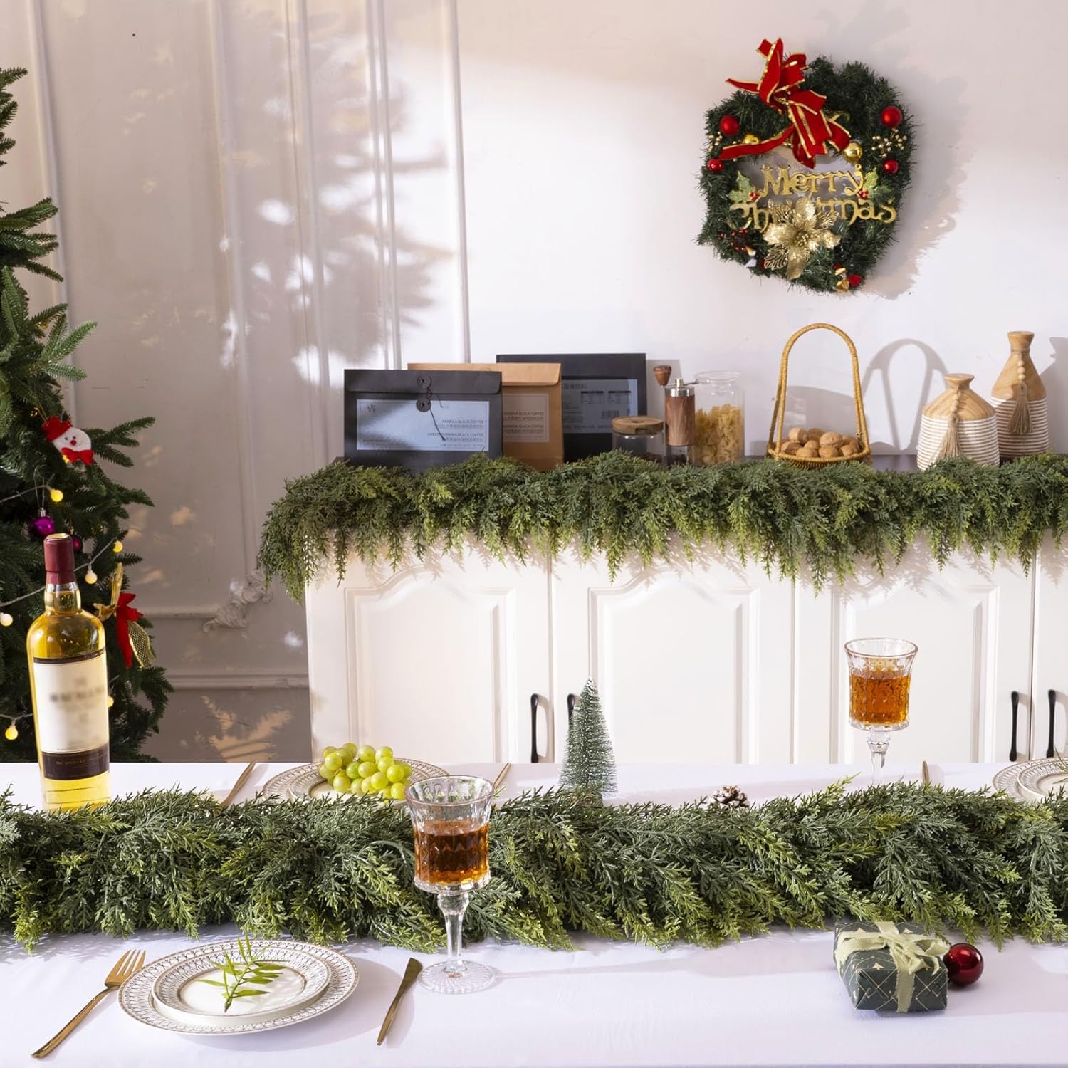 Photo 1 of 2 Pcs 6FT Christmas Cedar Garland - Thick & Lush Realistic Artificial Green Faux Cedar Pine Needles Garland for Christmas Winter Home Mantel Fireplace Holiday Party Decor