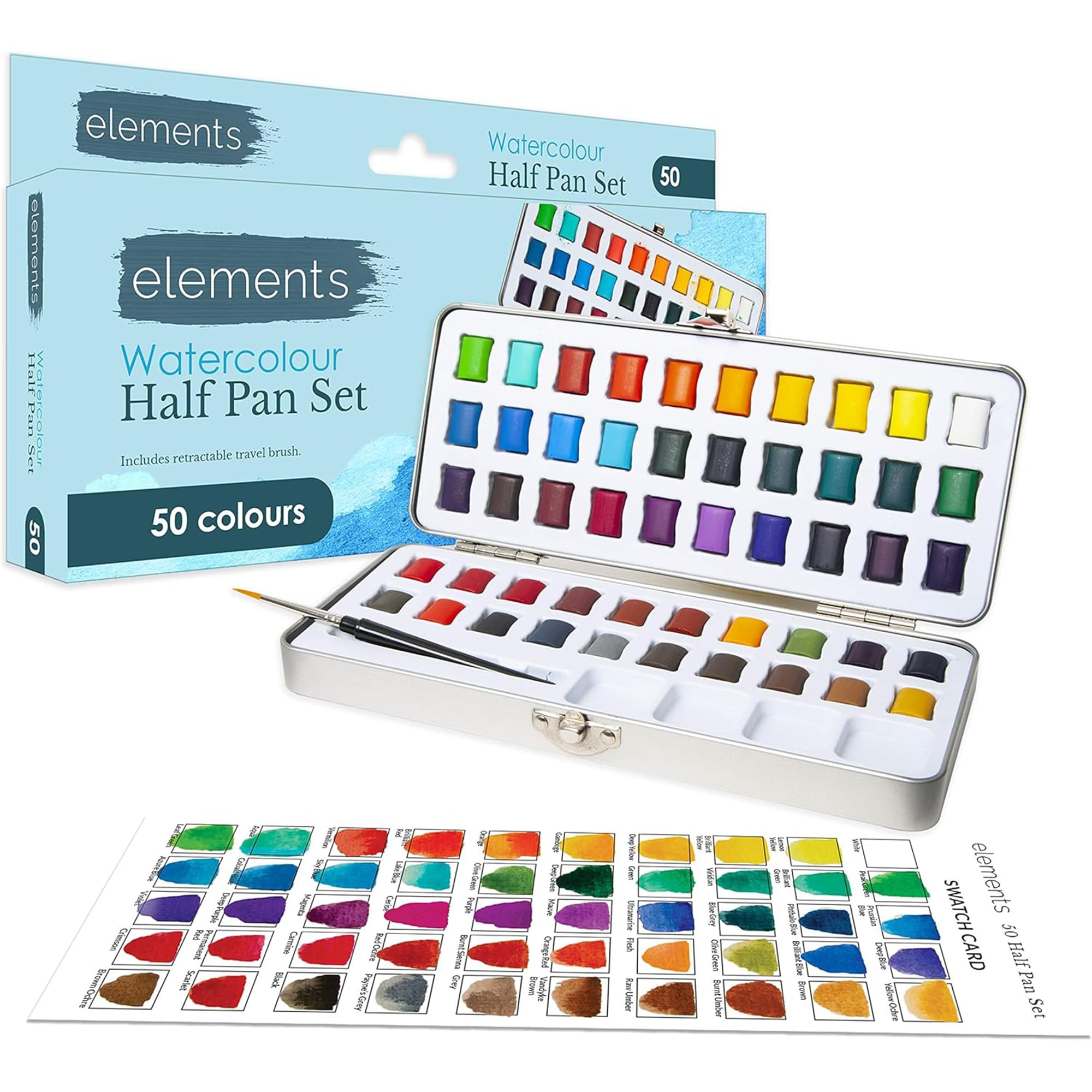 Elements Half Pan Watercolour Set - 50 Colour Half Pans - Perfect for Artists, Begginners, Students or Hobbyists with Retractable Brush and Mixing Palette in Handy Metal Storage Tin