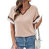 Dokotoo Womens Summer Tops 2026 Colorblock V Neck Short Sleeve T Shirts Dressy Casual Clothes Vacation Outfits