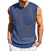 Runcati Mens Crochet Tank Tops See Through Knitted Sleeveless T-Shirts Muscle Summer Beach Hippie Shirts with Pocket