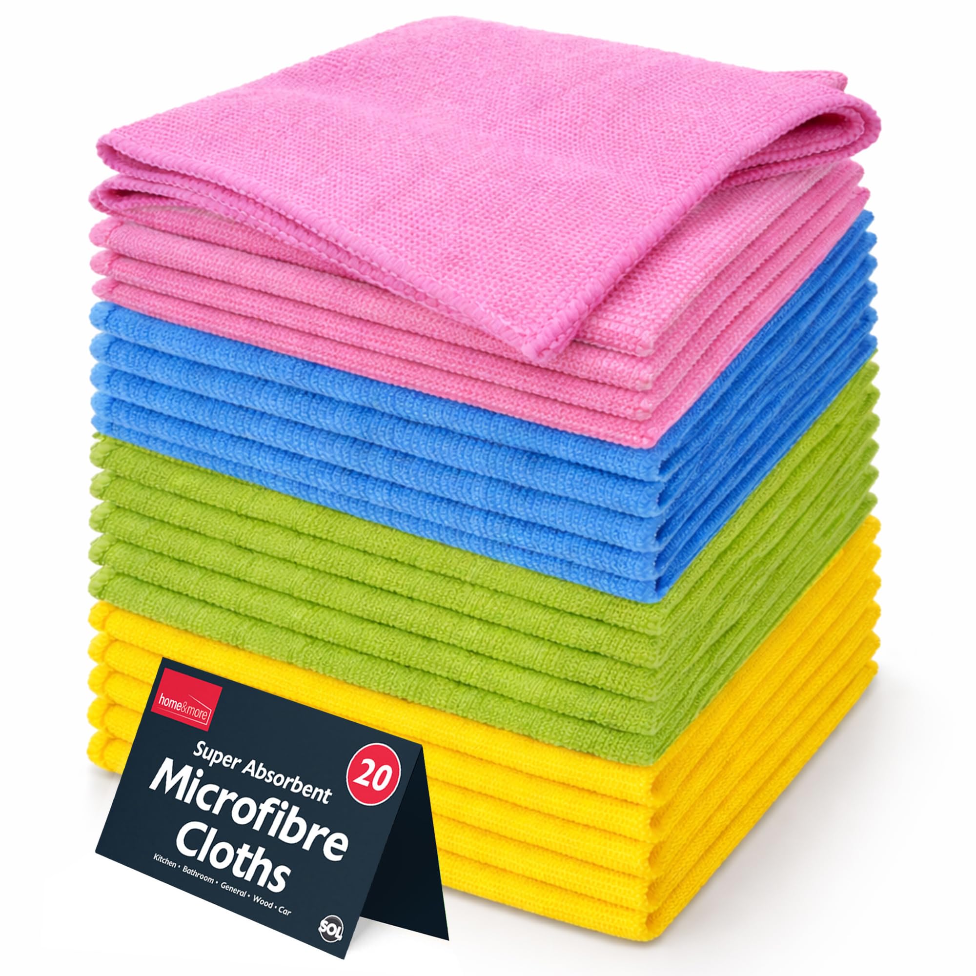 SOL 20pk Microfibre Cloths for Cleaning, 28x28cm Lint-Free Dish Clothes for Washing Up, Reusable, Quick-Drying, Perfect for Windows, Kitchens, Cars, Bathrooms & Professional Cleaning Tasks