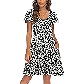 HOTOUCH Women's Casual Dress Floral Summer Dress Ruffle Sleeve Crewneck Flowy Swing Mini Dresses with Pockets