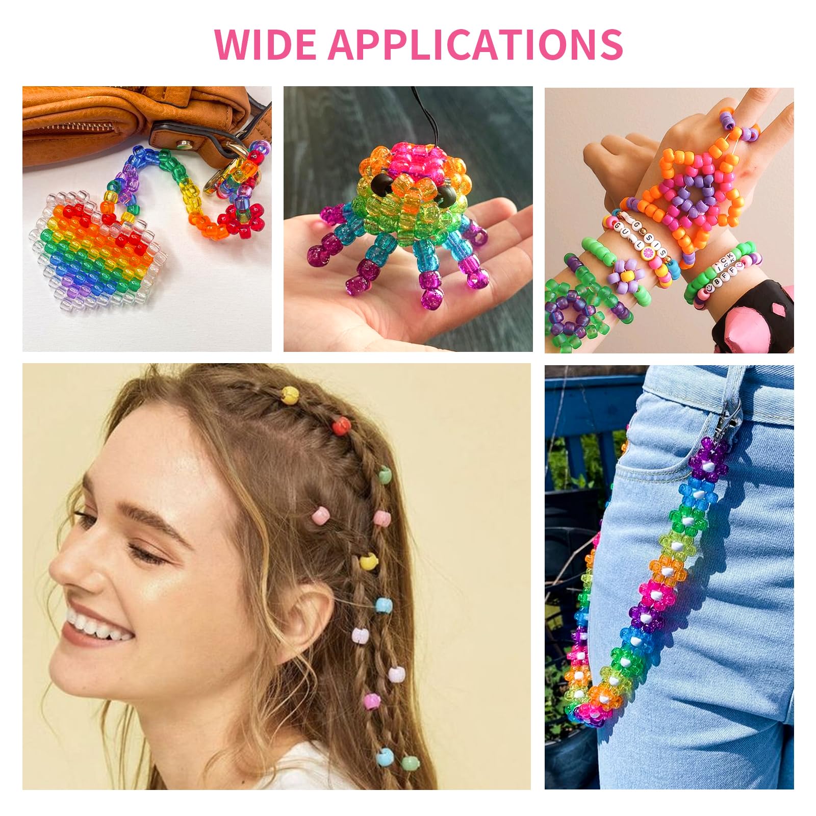 1000+pcs Glitter Pony Beads Bulk, Acrylic 9mm Large Plastic Bead for Bracelets Big Hole Hair Braids Crafts DIY Projects