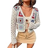 SHENHE Women's Floral Crochet Cardigan Hollow Out V Neck Button Down Long Sleeve Cropped Sweater