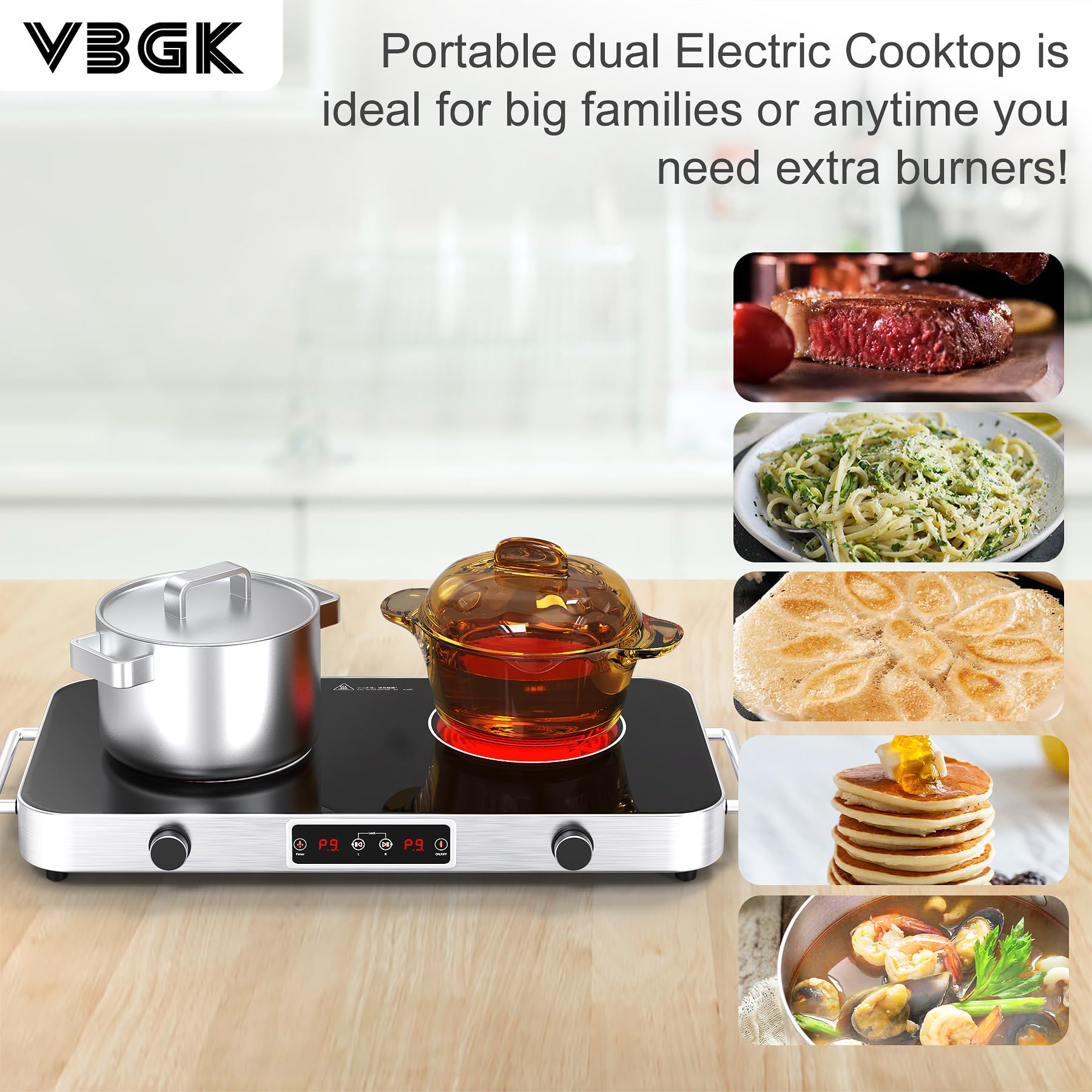 VBGK Cooktop,110V 2200W Stove with Knob Control,9 Power Levels, Kids Lock & Timer,LED touch control,Overheat Protection Stove Top,12 Inch desktop 2 burner cooktop